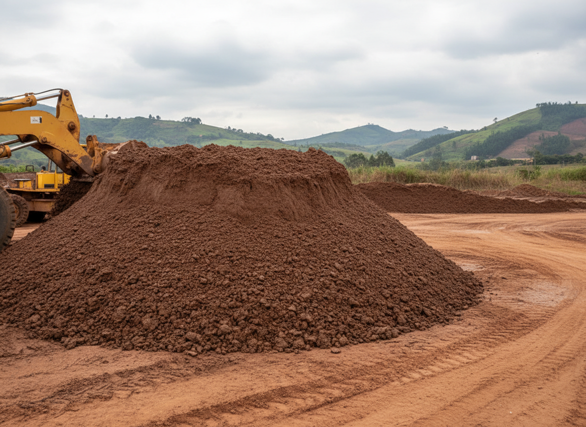 Imagen fotográfica realista del proceso de extracción y preparación de arcilla en una ladrillera colombiana. En primer plano se observa una pila de arcilla húmeda de tono marrón rojizo, con textura compacta y vetas visibles, recién depositada por maquinaria amarilla robusta, que aparece parcialmente en el lateral del encuadre. El suelo es terroso, marcado por huellas de llantas y caminos de trabajo. Al fondo se distinguen colinas suaves y vegetación propia de clima templado. La luz es de media mañana, ligeramente difusa por nubes altas, generando sombras suaves y una atmósfera seria pero armónica con el entorno. Toma en plano general, con composición en regla de tercios y enfoque nítido en toda la escena, reflejando equilibrio entre industria y paisaje colombiano.