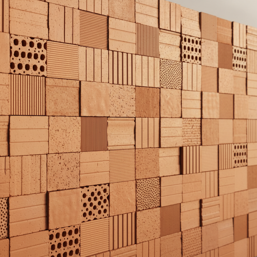 Detalle fotográfico de una pared modular construida con diferentes tipos de productos de arcilla colombiana: ladrillo perforado, bloque estructural, teja y piezas decorativas, todos cuidadosamente ensamblados para mostrar variedad de formatos y acabados. La superficie revela matices que van del rojo intenso al naranja y al terracota suave, con texturas que incluyen caras lisas, estriadas y ligeramente envejecidas. La pared está iluminada por luz lateral de tarde que resalta relieves y bordes, creando sombras finas entre juntas y perforaciones. El fondo está mínimamente presente, apenas una franja neutra desenfocada para no distraer. Toma en vista frontal ligeramente angulada, con encuadre limpio y profesional, ideal para comunicar innovación, calidad y diversidad de la industria ladrillera colombiana sin incluir elementos humanos.