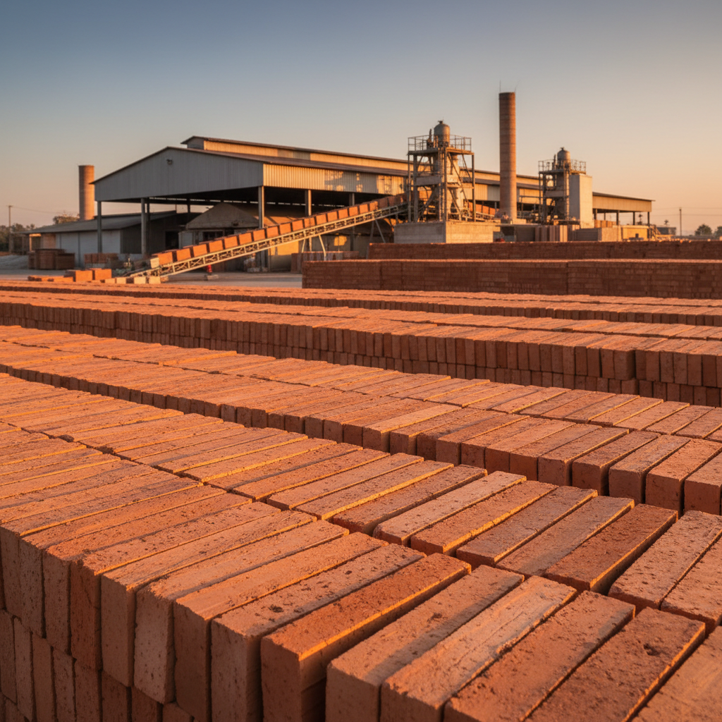 Una vista panorámica realista de una moderna planta ladrillera colombiana, con amplias pilas de ladrillos de arcilla roja perfectamente alineados en primer plano, mostrando sus texturas porosas y bordes bien definidos. Al fondo se aprecia la nave industrial con techos metálicos, chimeneas y bandas transportadoras cargadas de piezas cerámicas aún calientes. La escena está iluminada por luz cálida de atardecer, que resalta los tonos rojizos y anaranjados de la arcilla y proyecta sombras largas y suaves. Composición fotográfica a nivel de suelo con enfoque nítido en los ladrillos del frente y ligera profundidad de campo hacia la planta, transmitiendo una atmósfera profesional, productiva y organizada, con estética limpia y contemporánea, sin personas visibles.