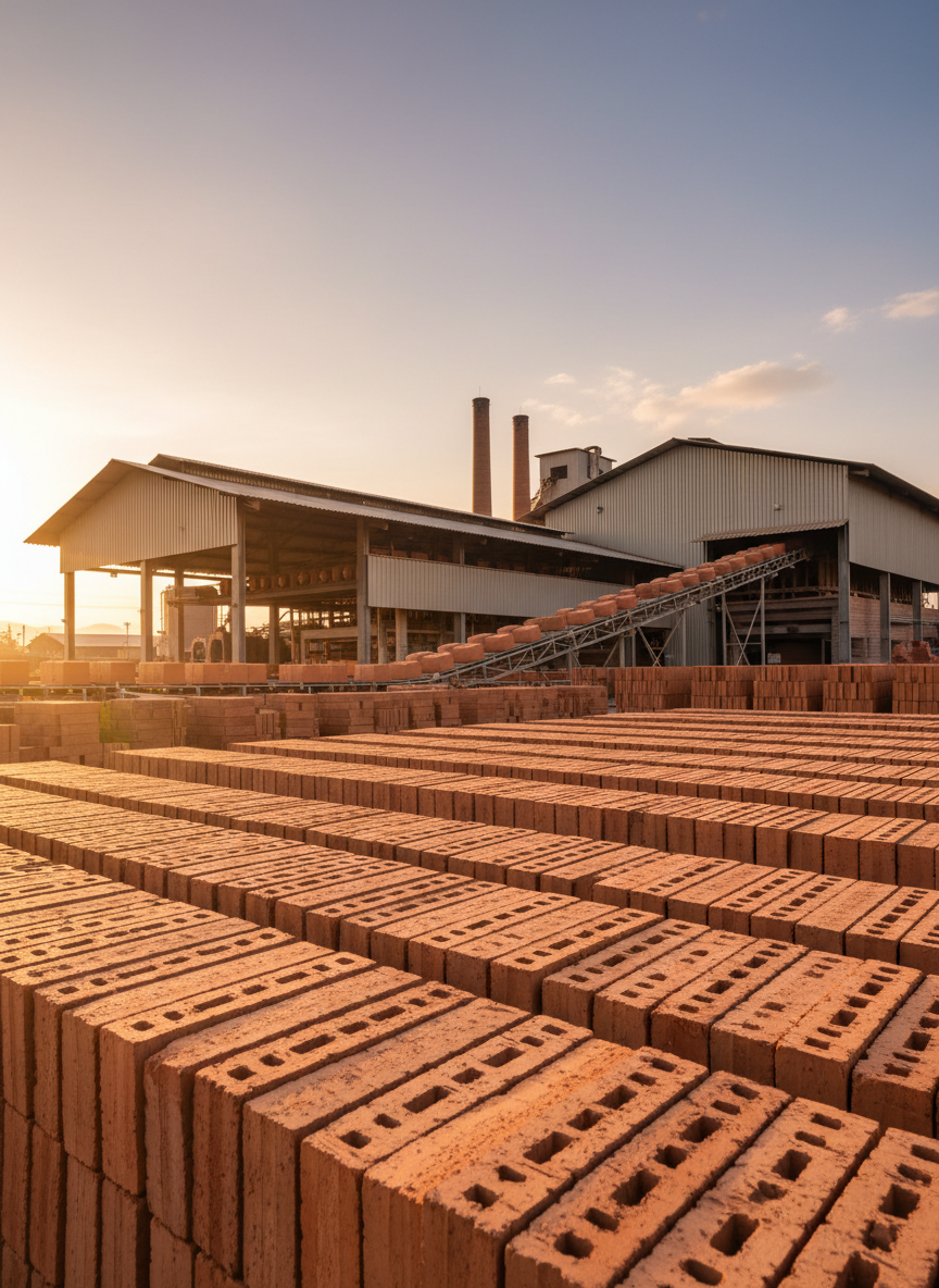 Una vista panorámica realista de una moderna planta ladrillera colombiana, con amplias pilas de ladrillos de arcilla roja perfectamente alineados en primer plano, mostrando sus texturas porosas y bordes bien definidos. Al fondo se aprecia la nave industrial con techos metálicos, chimeneas y bandas transportadoras cargadas de piezas cerámicas aún calientes. La escena está iluminada por luz cálida de atardecer, que resalta los tonos rojizos y anaranjados de la arcilla y proyecta sombras largas y suaves. Composición fotográfica a nivel de suelo con enfoque nítido en los ladrillos del frente y ligera profundidad de campo hacia la planta, transmitiendo una atmósfera profesional, productiva y organizada, con estética limpia y contemporánea, sin personas visibles.