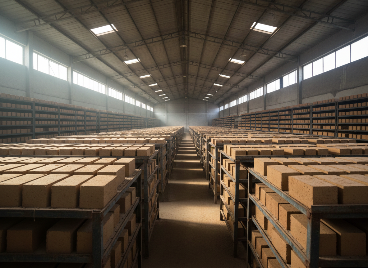 Vista interior fotográfica de una nave de secado de ladrillos en Colombia, con largas hileras de piezas de arcilla en diferentes etapas de secado apoyadas sobre estanterías metálicas y tarimas de madera. Los ladrillos crudos, de color marrón claro y aspecto más mate, contrastan con los ya secos de tonos rojizos más intensos. La iluminación entra por tragaluces en el techo y ventanales laterales, generando haces de luz natural que crean patrones de sombra sobre los ladrillos, acentuando sus formas rectangulares. La cámara está situada a nivel de los estantes, con una composición en perspectiva que guía la mirada a lo largo del pasillo central. La atmósfera es ordenada, técnica y tranquila, transmitiendo procesos controlados y buenas prácticas industriales sin presencia humana.